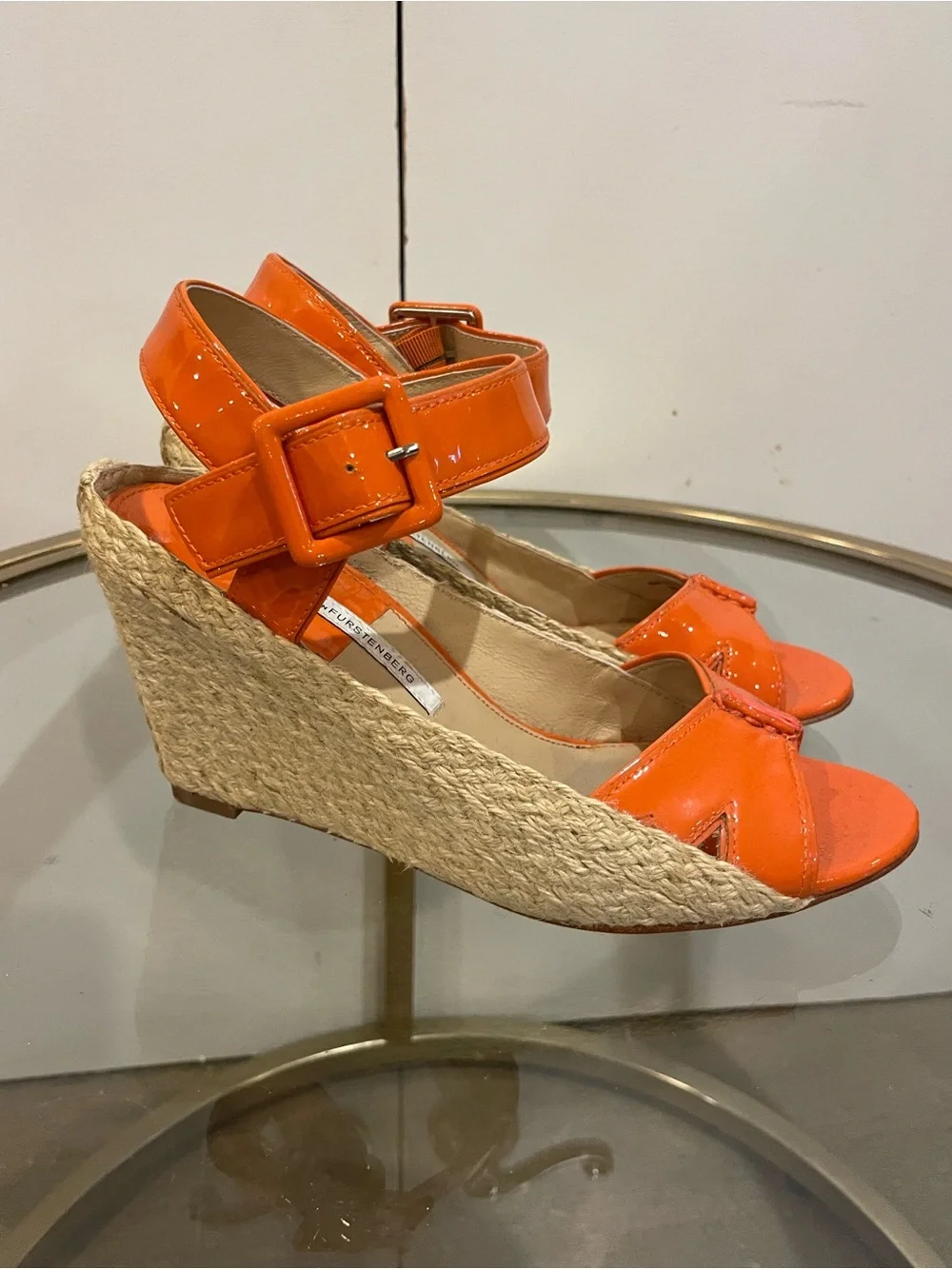Diane Von Furstenberg Orange Patent Leather Wedge Espadrille, Size 8